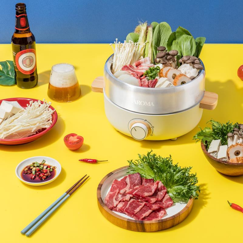 AROMA Whatever Pot Aroma Stainless Steel 2 in 1 Hot Pot with Glass Lid White 2.5 L AMC-130 Electric Hot Pot with Adjustable Temperature Control for One-Pot Meals