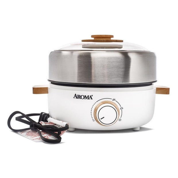 AROMA Whatever Pot Aroma Stainless Steel 2 in 1 Hot Pot with Glass Lid White 2.5 L AMC-130 Electric Hot Pot with Adjustable Temperature Control for One-Pot Meals