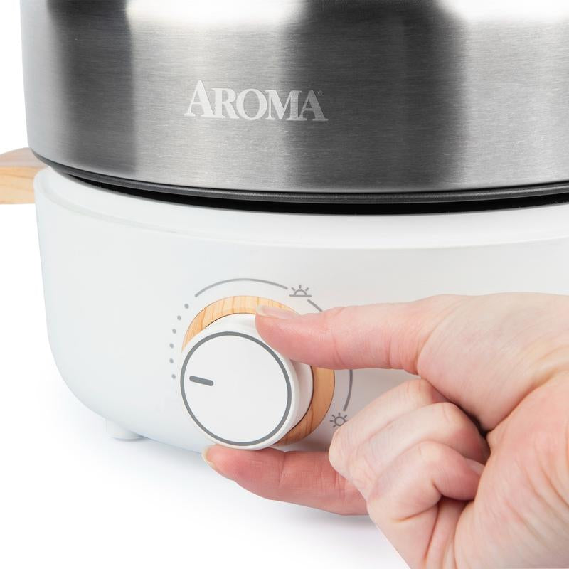 AROMA Whatever Pot Aroma Stainless Steel 2 in 1 Hot Pot with Glass Lid White 2.5 L AMC-130 Electric Hot Pot with Adjustable Temperature Control for One-Pot Meals