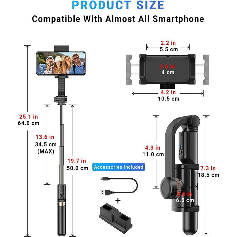 Gimbal Stabilizer for Smartphone, 360° Rotation Auto Balance Small Portable Handhold Selfie Stick Tripod with Wireless Remote, 1-Axis Lightweight Extendable Stabilizer Gimble Iphone Phone Christmas Gift