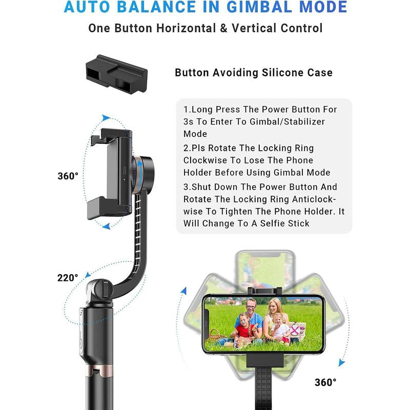 Gimbal Stabilizer for Smartphone, 360° Rotation Auto Balance Small Portable Handhold Selfie Stick Tripod with Wireless Remote, 1-Axis Lightweight Extendable Stabilizer Gimble Iphone Phone Christmas Gift