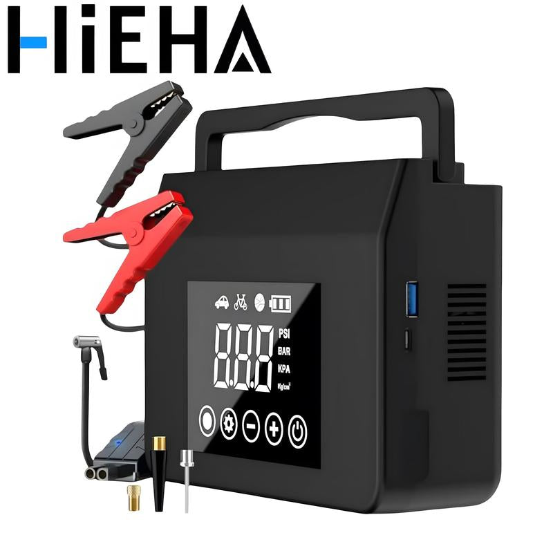 【Hieha】Portable Car Jump Starter with Air Compressor,4000A Car Battery Jump Starter (ALL Gas/7.0L Diesel) with 150PSI Tire Inflator, 12V Car Battery Jump Power,15000Mah Power Bank with LED Light,Car Essentials