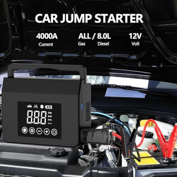 【Hieha】Portable Car Jump Starter with Air Compressor,4000A Car Battery Jump Starter (ALL Gas/7.0L Diesel) with 150PSI Tire Inflator, 12V Car Battery Jump Power,15000Mah Power Bank with LED Light,Car Essentials