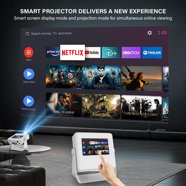 Aepuosem Touch Screen Projector A10Pro / 7-Inch Touch Screen, Native 1080P, Supports 4K, Auto Focus and Correction, Dolby Sound, Wi-Fi 6, Bluetooth Connection, 180° Rotation, Home Projector, Outdoor Projector, Suitable for Games, Movies and Gifts.